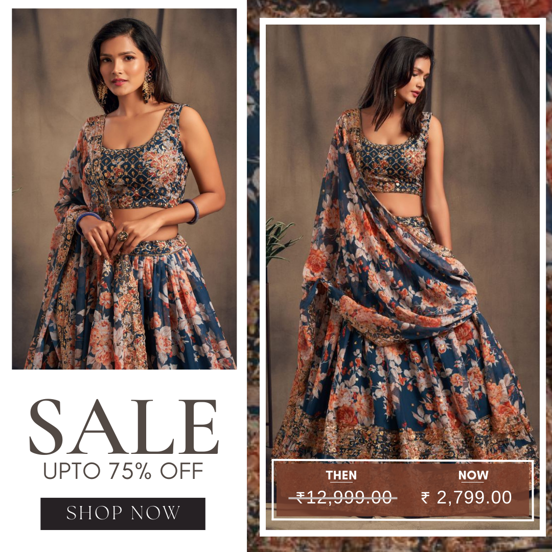 DOVE BLUE FLORAL PRINTED LEHENGA CHOLI WITH SEQUINS ZARI EMBROIDERY WORK